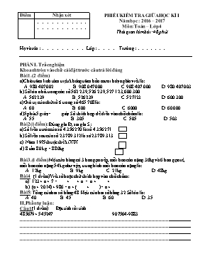 Đề kiểm tra giữa học kì I môn Toán lớp 4 - Năm học 2016-2017